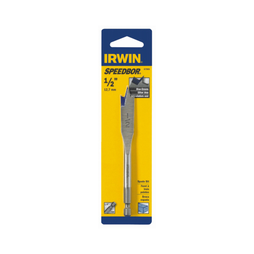 Irwin 87908 Spade Drill Bit, 1/2 in Dia, 4 in OAL, Flat Flute, 1/4 in Dia Shank, Hex Shank