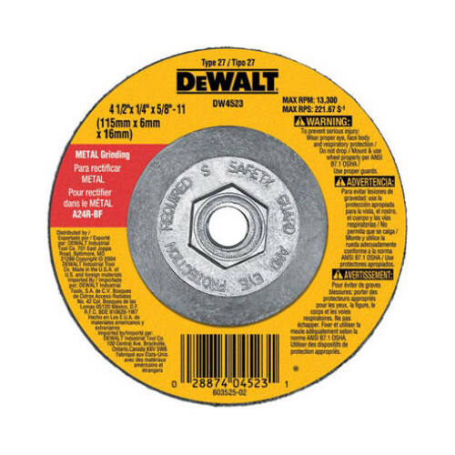 Grinding Wheel, 4-1/2 in Dia, 1/4 in Thick, 5/8-11 in Arbor, 24 Grit, Very Coarse - pack of 10