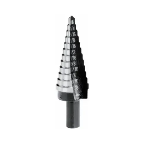 Unibit Step Drill Bit, 1/4 to 3/4 in Dia, 1-Flute, 3/8 in Dia Shank, Hex Shank Titanium Nitride-Coated