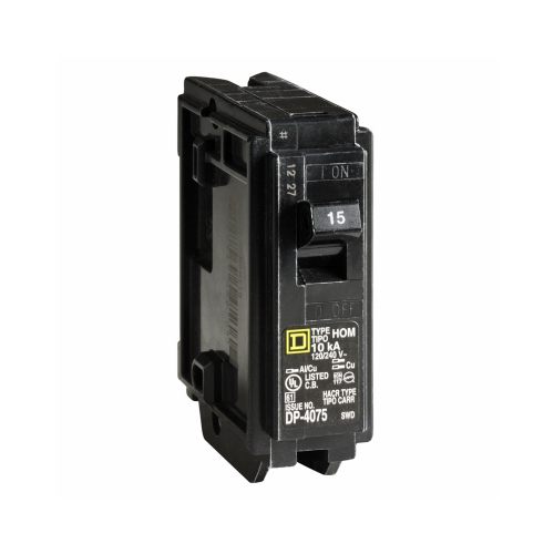Square D HOM115CP Homeline Circuit Breaker, Mini, 15 A, 1 -Pole, 120 V, Fixed Trip, Plug Mounting, Black