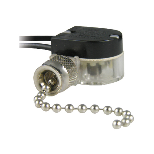 Pull Chain Switch, SPST, Lead Wire Terminal, 3/6 A, 125/250 V, Functions: ON/OFF, Nickel