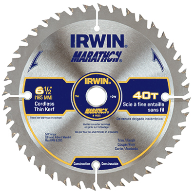 Irwin 14023 Circular Saw Blade, 6-1/2 in Dia, 5/8 in Arbor, 40-Teeth, Carbide Cutting Edge