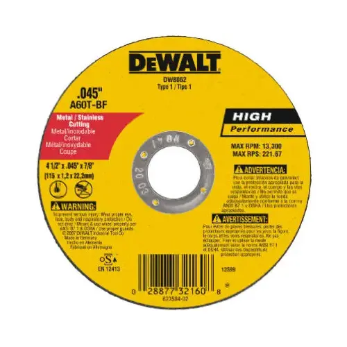 Cutting Wheel, 4-1/2 in Dia, 0.045 in Thick, 7/8 in Arbor, Very Fine, Aluminum Oxide Abrasive