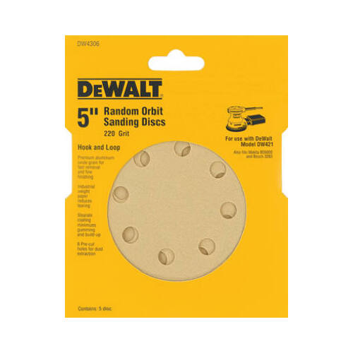 Sanding Disc, 5 in Dia, Coated, 220 Grit, Very Fine, Aluminum Oxide Abrasive, Paper Backing, 8-Hole - pack of 5