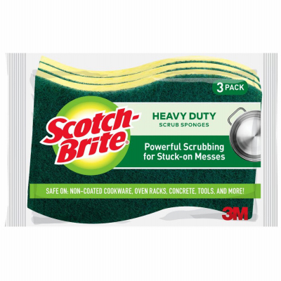 Scotch-Brite HD-3 Scrub Sponge, 2-3/4 in L, 4-1/2 in W, 0.6 in Thick, Cellulose/Synthetic Fiber, Green - pack of 3