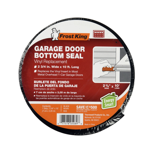 Garage Door Seal, 2-3/4 in W, 10 ft L, Vinyl, Black