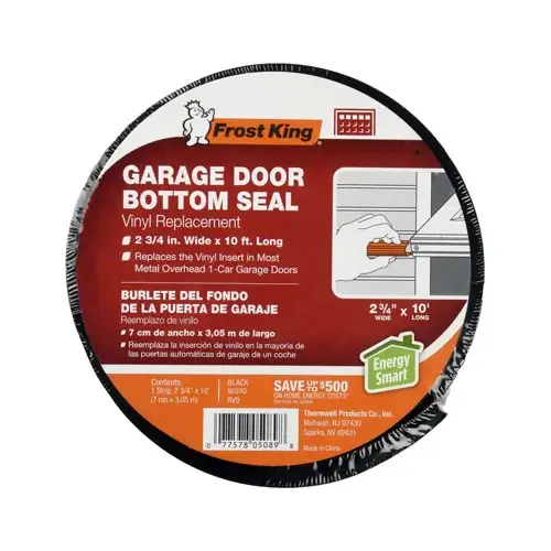 Garage Door Seal, 2-3/4 in W, 10 ft L, Vinyl, Black