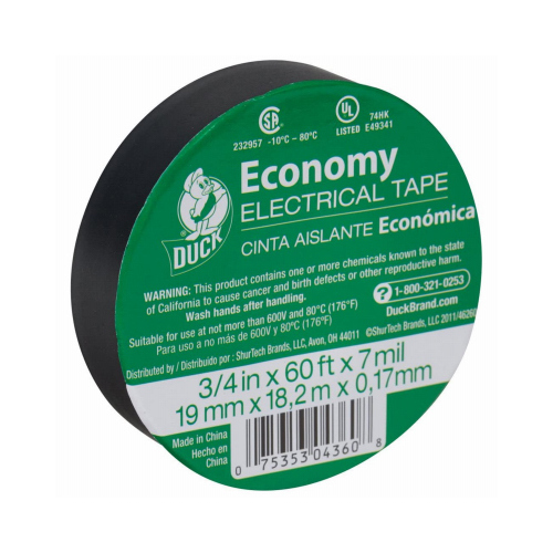 DUCK 299006 Electrical Tape Economy Grade 3/4" W X 60 ft. L Black Vinyl Black