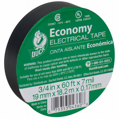 DUCK 299006 Electrical Tape Economy Grade 3/4" W X 60 ft. L Black Vinyl Black