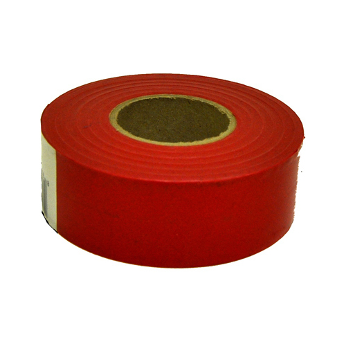 Flagging Tape, 150 ft L, 1-3/16 in W, Fluorescent Red, PVC