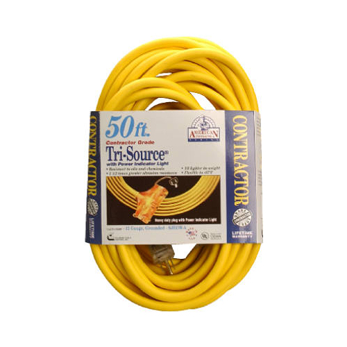 Tri-Source Extension Cord Outdoor 50 ft. L Yellow 12/3 SJEOOW Yellow