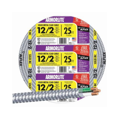 Duraclad Armored Cable, 12 AWG Cable, 2 -Conductor, Copper Conductor, THHN/THWN Insulation Black/White