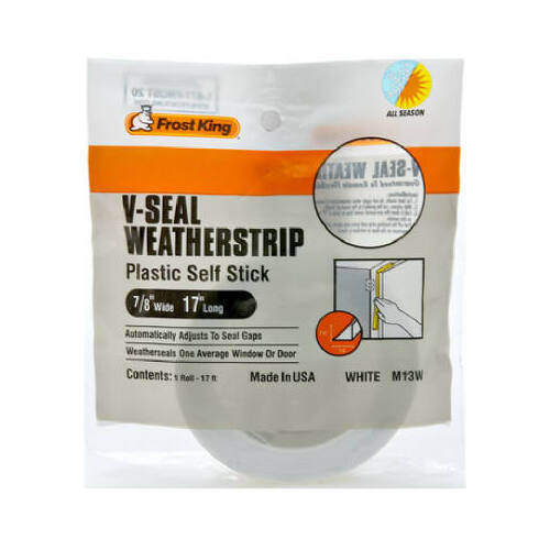 Weatherstrip, 7/8 in W, 17 ft L, Polypropylene, White