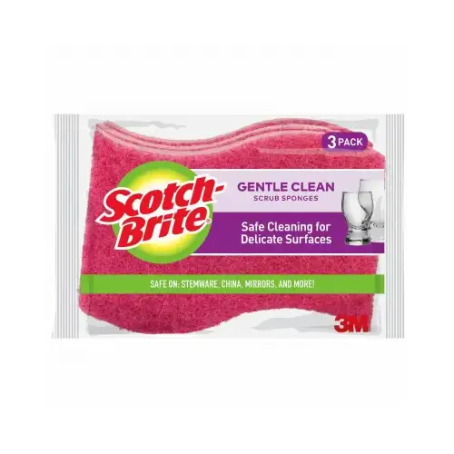 Scrub Sponge, 4.4 in L, 2.6 in W, 0.8 in Thick, Cellulose, Pink - pack of 3