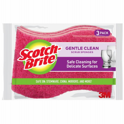 Scotch-Brite DD-3-8 Scrub Sponge, 4.4 in L, 2.6 in W, 0.8 in Thick, Cellulose, Pink - pack of 3