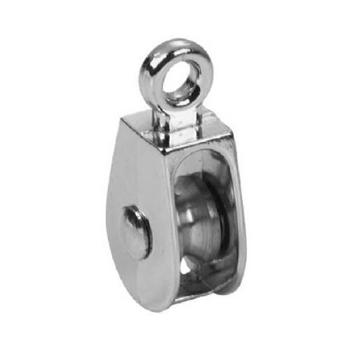 Pulley, 3/16 in Rope, 30 lb Working Load, 1/2 in Sheave, Rigid Eye Attachment, Nickel Plated