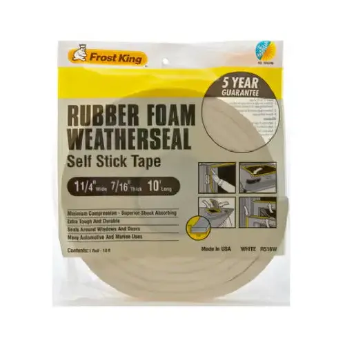 Foam Tape, 1-1/4 in W, 10 ft L, 7/16 in Thick, Rubber, White