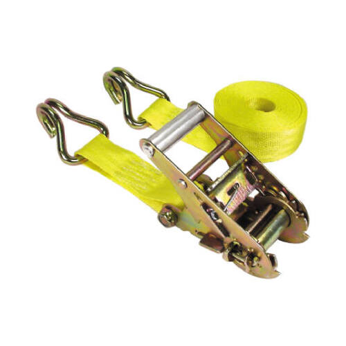 Tie-Down, 1-3/4 in W, 15 ft L, Polyester, Yellow, 1666 lb, J-Hook End Fitting