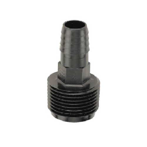 Adapter, 3/8 x 3/4 in Connection, Barb x Male, Plastic, Black