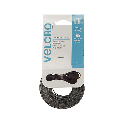 VELCRO Brand 90924 One Wrap Fastener, 1/2 in W, 8 in L, Black/Gray - pack of 50