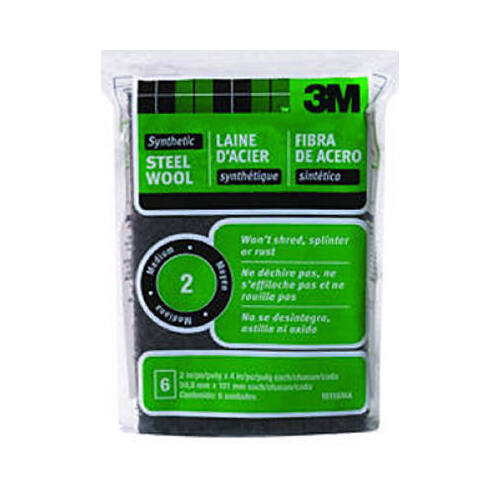 Steel Wool, 4 in L, 2 in W, #2 Grit, Medium, Black - pack of 6