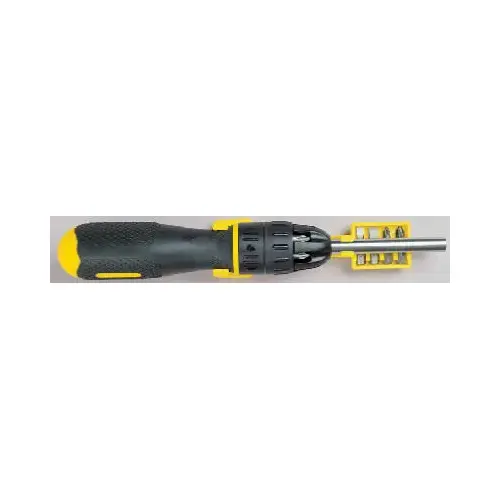 Ratcheting Screwdriver, 10-in-1 Drive, 10-1/2 in OAL, Rubber Handle, Ergonomic Handle Black/Yellow