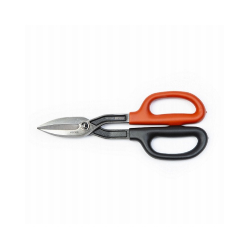 A11N Tinner Snip, 9-3/4 in OAL, Curved, Straight Cut, Steel Blade, Cushion-Grip Handle, Red Handle