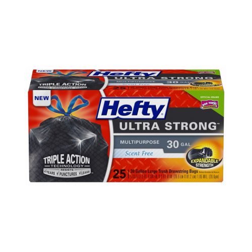 Hefty E80627 Trash Bags Ultra Strong 30 gal Drawstring 25 pk 1.05 mil Black