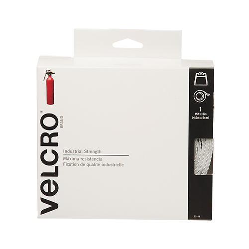 VELCRO Brand 90198 Fastener, 2 in W, 15 ft L, Nylon, White, Rubber Adhesive