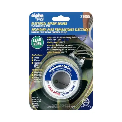 Alpha Fry 31955 Rosin Core Solder Wire 3 oz Lead-Free 0.06" D Tin/Antimony 95/5