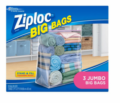 ZIPLOC 71598 Big Bag Flexible Tote, 20 gal Capacity, Plastic, Clear, Zipper Closure, 24 in L, 32-1/2 in W