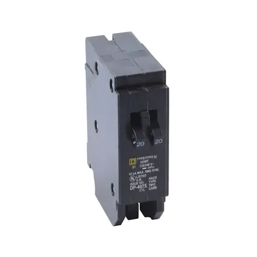 Square D HOMT2020CP Homeline Circuit Breaker, Mini, Tandem, 20 A, 1 -Pole, 120/240 V, Fixed Trip, Plug Mounting Black