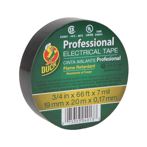 DUCK 393119 Electrical Tape Professional Grade 3/4" W X 66 ft. L Black Vinyl Black