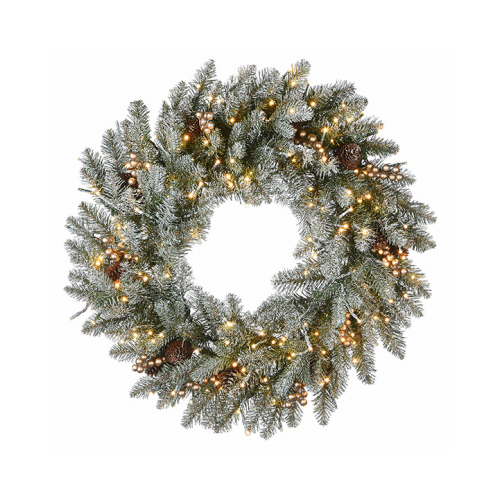 NATIONAL TREE CO-IMPORT PEMG3-306DK-30W Feel Real Snowy Morgan Spruce Artificial Wreath, 300 Dual LED Lights, 30-In.