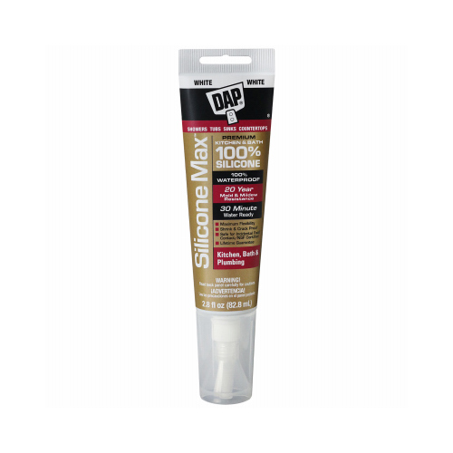 SILICONE MAX 08795 Kitchen and Bath Sealant, Gloss White, 24 hr Curing, -35 to 140 deg F, 2.8 fl-oz Cartridge/Tube