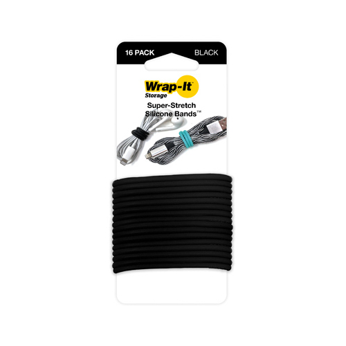 Wrap-It Storage 516-SB-BL Super-Stretch Silicone Bands, Black  pack of 16