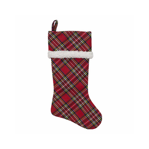 Plaid Stocking, Red diagonal, Sherpa Cuff, 20-In.