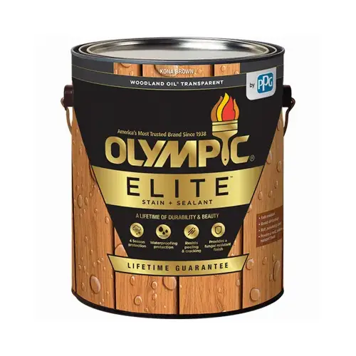 OLYMPIC/PPG ARCHITECTURAL FIN 801142/01 Elite Woodland Oil Stain & Sealant, Exterior, Kona Brown, 1-Gallon