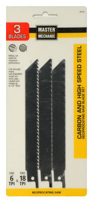 Master Mechanic 281063 All-Purpose Reciprocating Saw Blade, Carbon/High-Speed Steel, 3-Pk.