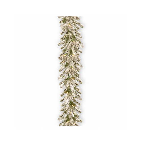 NATIONAL TREE CO-IMPORT TPESL3-300L-9B Feel Real Snowy Sheffield Spruce Artificial Garland, 100 Warm White LED Lights, 9 x 12-Ft.