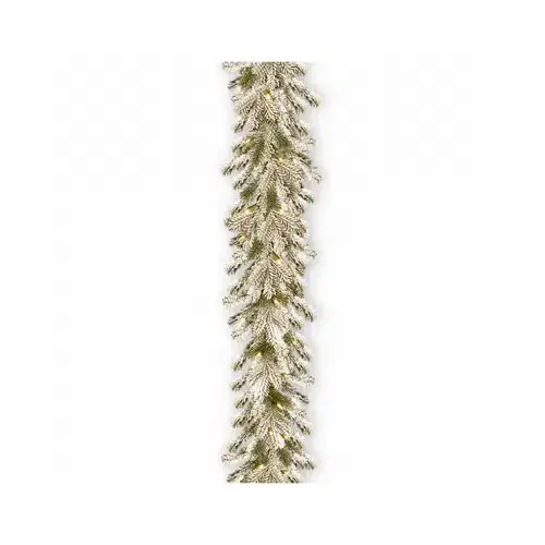NATIONAL TREE CO-IMPORT TPESL8-300L-B Feel Real Snowy Sheffield Spruce Artificial Garland, 100 Warm White LED Lights, 9 x 12-Ft.