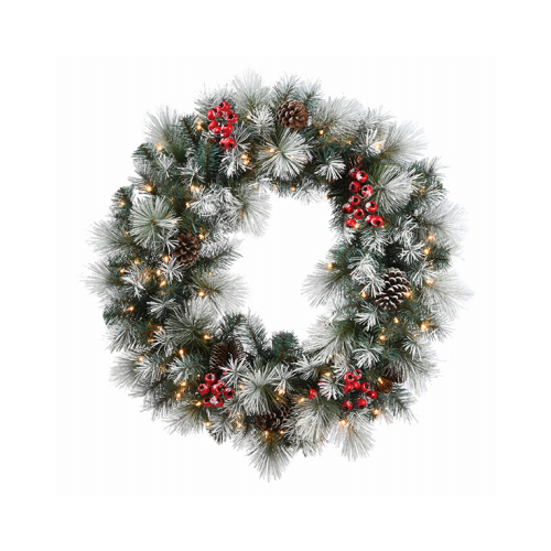 Snowy Glacier Pine Artificial Wreath, 50 Warm White LED Lights, 24-Ft.