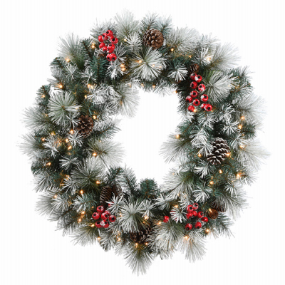 NATIONAL TREE CO-IMPORT SGP-300-24W-B Snowy Glacier Pine Artificial Wreath, 50 Warm White LED Lights, 24-Ft.