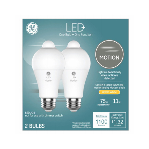 LED+ Motion-Sensing Light Bulb, Warm White, A21, 1100 Lumens,11-Watts Pair