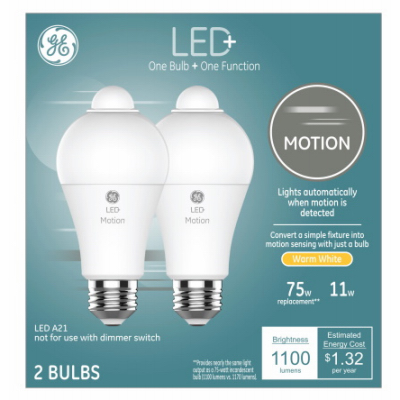 GE Lighting 93129313 LED+ Motion-Sensing Light Bulb, Warm White, A21, 1100 Lumens,11-Watts Pair