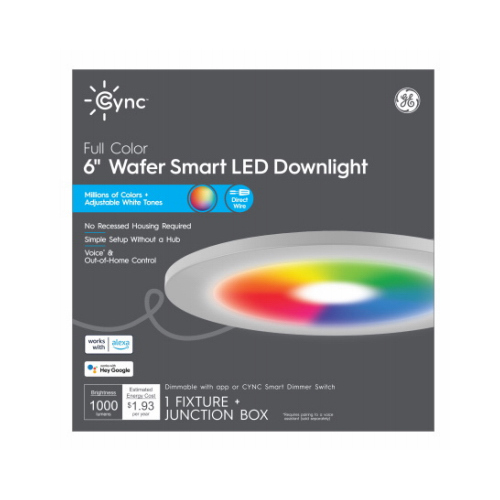 GE Lighting 93130209 Cync LED Full Color Canless Smart Downlight, Wafer Shape, 1000 Lumens, Dimmable, 18 Watts, 6-In. Round