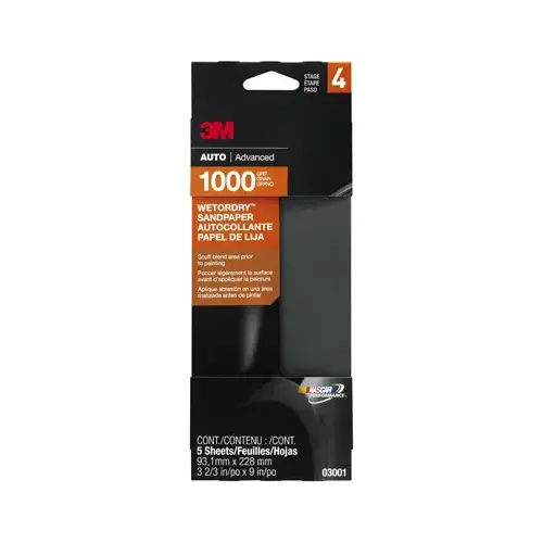 3M 3001 Wetordry Automotive Sandpaper, 1000 Grit Gray - pack of 5