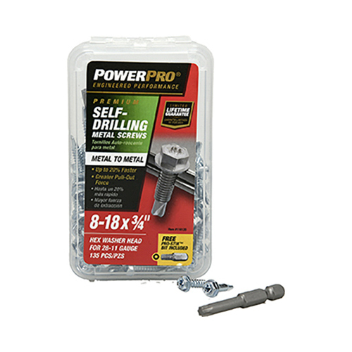 Power Pro Metal Screws, Self-Drilling, Hex Washer Head, #8-18 x 3/4-In., 135-Ct.