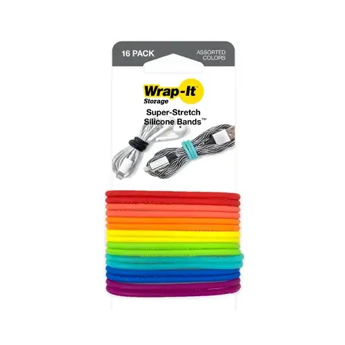 WRAP IT STORAGE 516-SB-MC Super-Stretch Silicone Bands, Multi-Color pack of 16