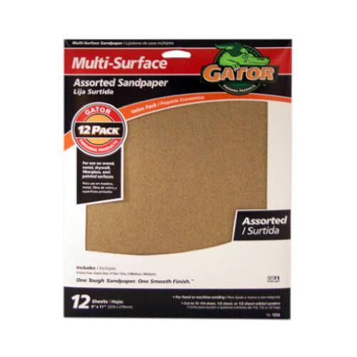 Sanding Sheet, 9 in L, 11 in W, 100, 150, 220 Grit, Extra Fine/Fine/Medium, Aluminum Oxide Abrasive - pack of 12